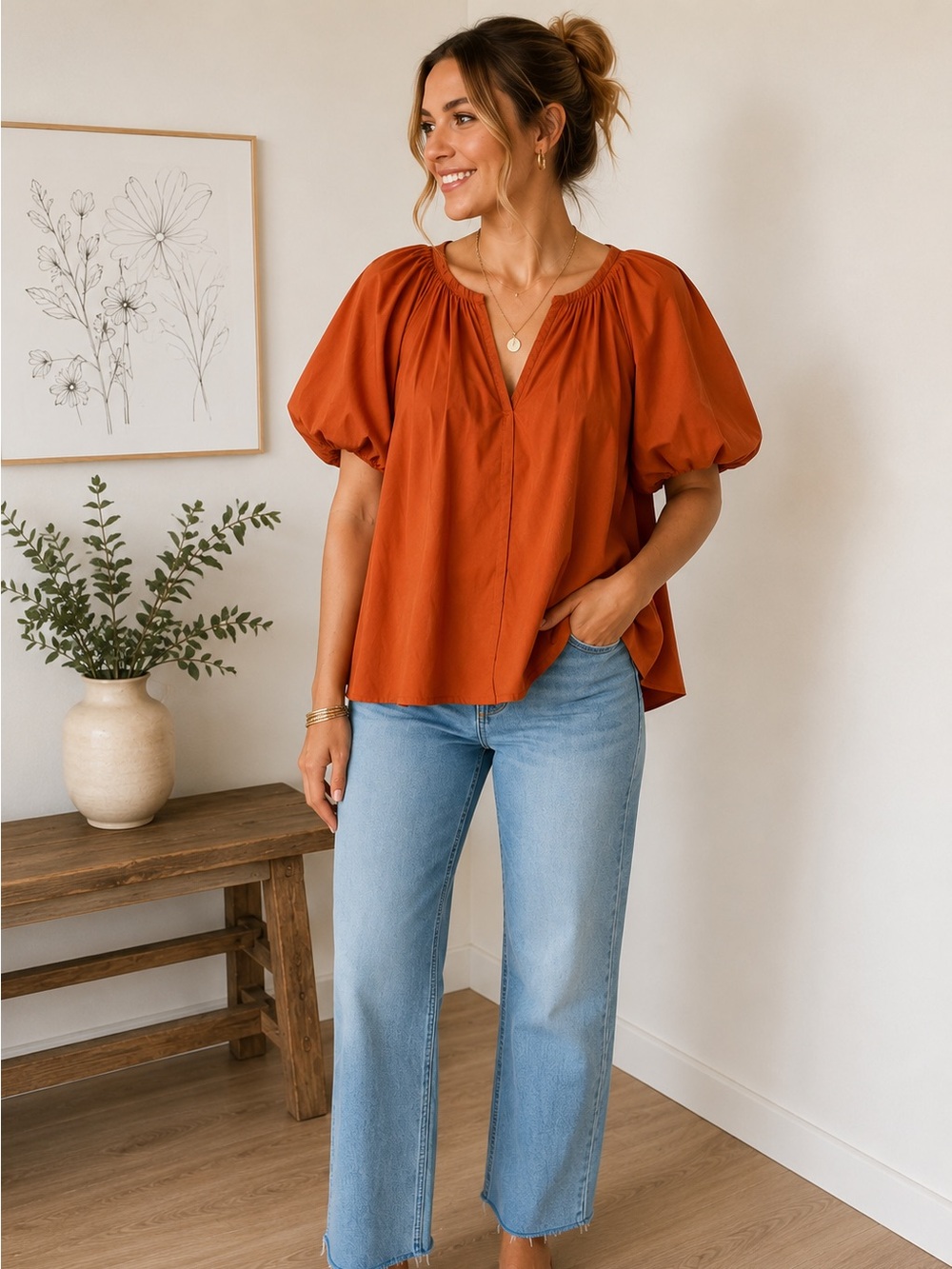 GAP Women’s Swing Top NWT – Size XL – Rust Orange Puff Sleeve Blouse